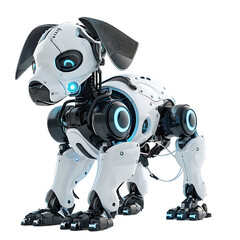 A robotic dog with a sleek, futuristic design and LED-lit eyes, isolated on a white background