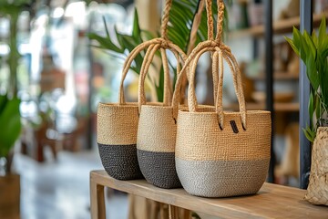 Woven Bags on Wooden Shelves