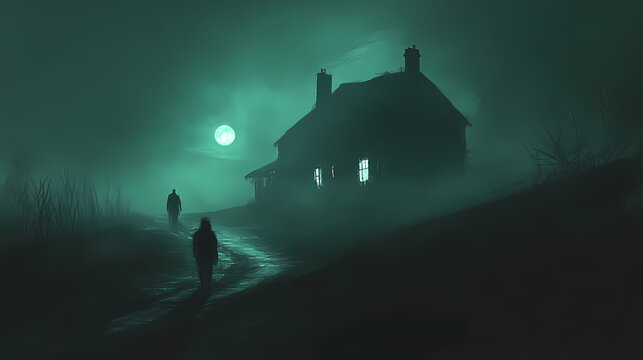 Mysterious night with shadowy figures on a dark road near an eerie house illuminated by moonlight. Shadowy Figure in Fog. Illustration