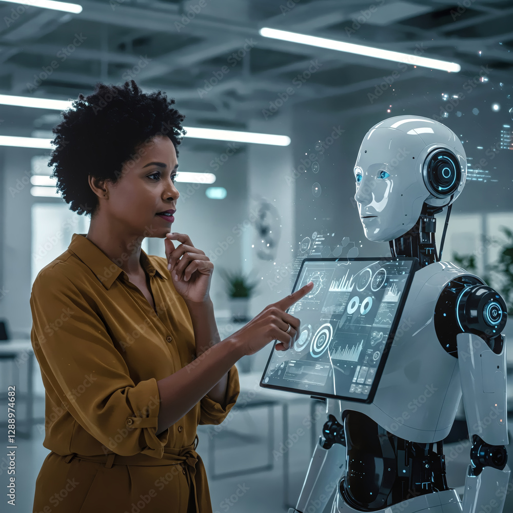 Poster digital dialogue: a woman engages in a futuristic interaction with a sleek, humanoid robot, explorin