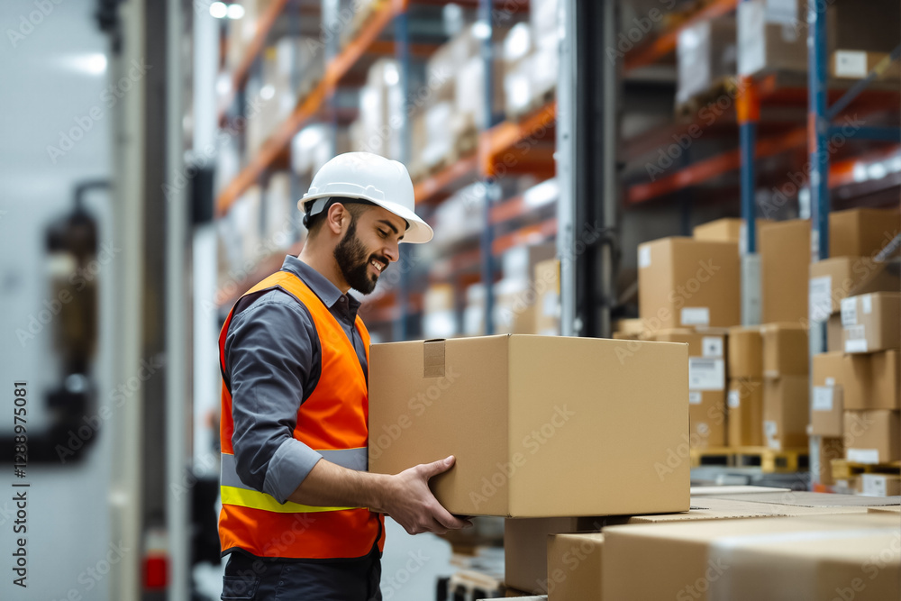 Poster man smiling while lifting a cardboard box in a storage facility. shelves lined with packed boxes cre