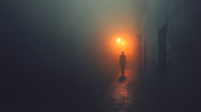 Suspenseful urban scene, mysterious figure in foggy alley illuminated by distant streetlamp glow, enigmatic urban night scene concept. ai generated. Shadowy Figure in Fog. Illustration