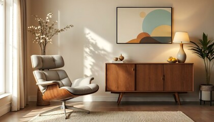 Midcentury modern interior design room with sleek furniture chair minimalist scandinavian credenza chic  wall space mockup