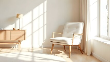 Fototapeta premium Midcentury modern interior design room with sleek furniture chair minimalist scandinavian credenza chic wall space mockup