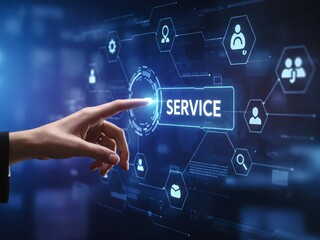 Hand Touching Service Icon: A close-up shot captures a hand gracefully pointing to a glowing "SERVICE" icon, representing customer assistance and technological advancements.