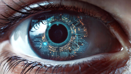 Close-up of a human eye with digital circuit graphics, symbolizing cybernetic technology, vision, and futuristic innovation