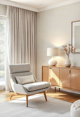 Midcentury modern interior design room with sleek furniture chair minimalist scandinavian credenza chic  wall space mockup