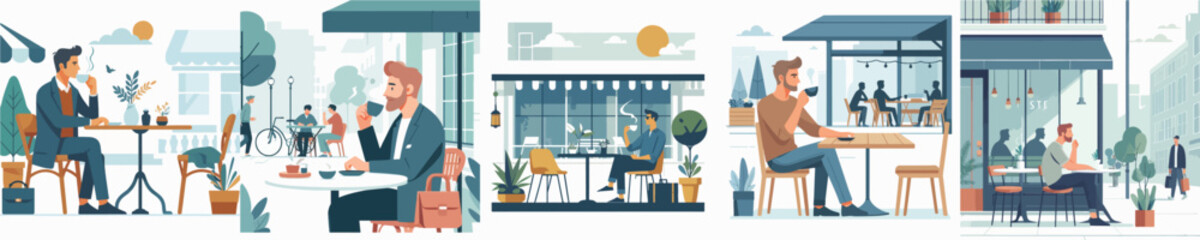 Vector of a young man drinking coffee at a café.