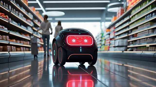 Autonomous Smart Robot in a Modern Supermarket Aisle Assisting Customers with Shopping in a Futuristic Retail Store


