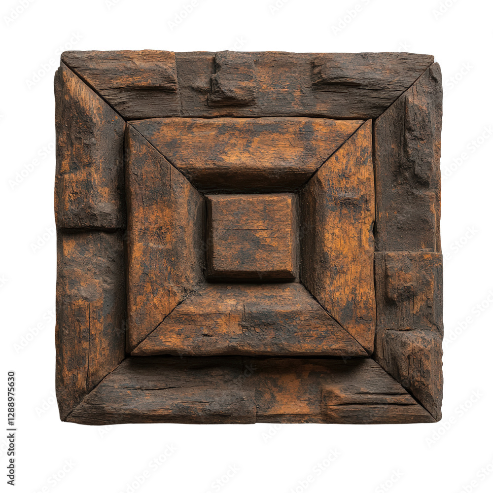 Poster Square stone sculpture featuring a central square and intricate design elements in a modern art style isolated on transparent background..