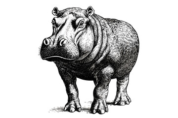 Black sketch effect of a large animal, hand-drawn hippopotamus in vintage style, wildlife illustration, antique art, vector print design, trendy wall decor