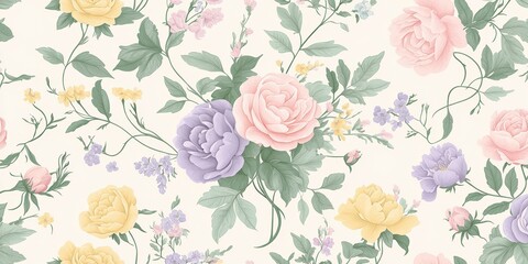 Romantic Pastel Spring Background. Floral pattern with pastel roses and leaves