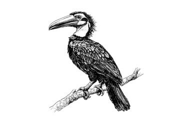 Hand-drawn hornbill in old engraving style, black sketch effect, antique style, wildlife, vintage art, aquatic animal, vector, print design, illustration, nature decor