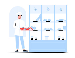 Male Baker Holding a Tray of Freshly Baked Goods in a Bakery. Flat Vector Illustration Symbolizing Baking, Pastry Business, and Culinary Profession, Isolated on White Background