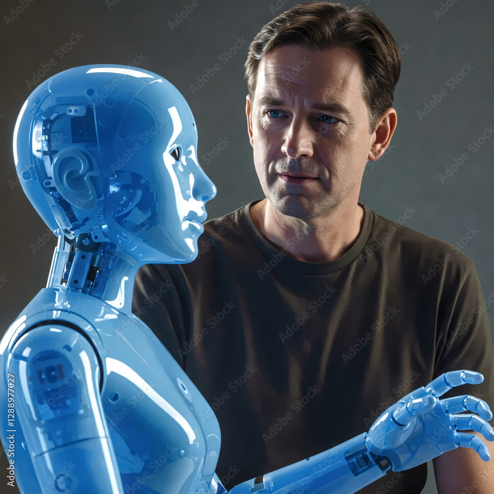 Poster human and android connection: a thoughtful scientist gazes at a polished blue android, exploring the