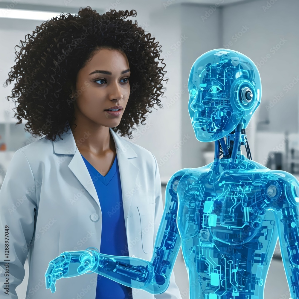 Poster intelligent interaction: a scientist engages in a thought-provoking discussion with a humanoid robot