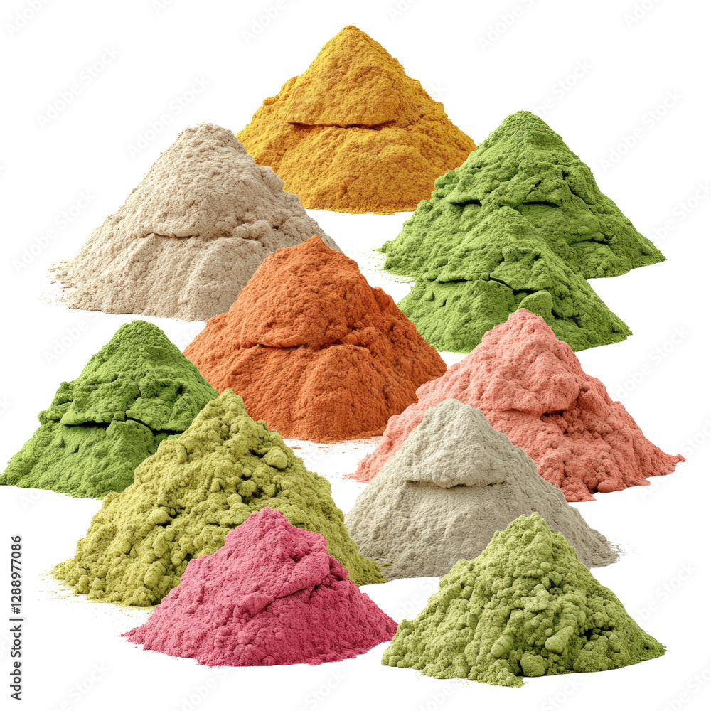 Poster colorful pile of various colored powders for art and craft projects isolated on transparent backgrou