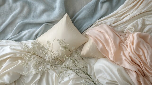 Soft Fabrics and Delicate Flowers Resting on a Bed - Powered by Adobe