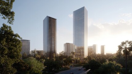 Obraz premium Modern Urban Skyline with Tall Skyscrapers Surrounded by Lush Greenery and Sunset Light in a City Environment