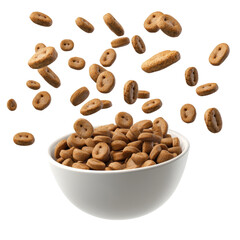 Bowl of cereal with cereal spilling out onto a white countertop in a bright kitchen setting isolated on transparent background..