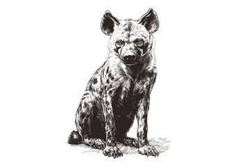 Black sketch effect hyena in vintage art, hand-drawn predator illustration, wildlife vector, scavenger in the savanna, antique style print design, wild animal art, nature illustration.