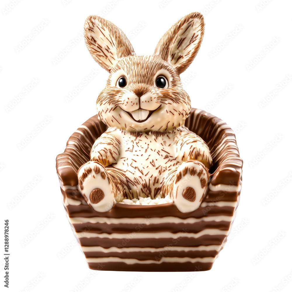 Poster chocolate bunny sitting inside a decorative chocolate box with a festive design and colorful wrappin