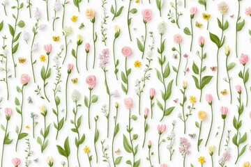 Romantic Pastel Spring Background. Floral pattern with delicate flowers and greenery