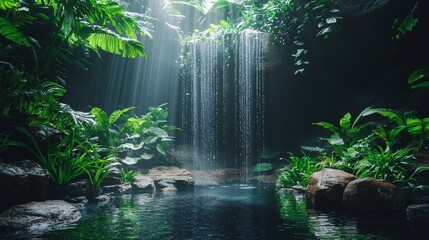 Majestic waterfalls in an alien jungle lush river forest nature photography tropical environment serene viewpoint in deep jungle © Mongkol
