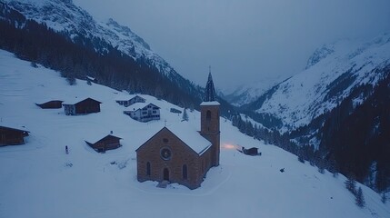Alpine village church twilight snow mountains winter serenity