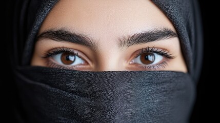 Close-up portrait of woman wearing hijab, focused on eyes.  Possible use Fashion, culture, or identity