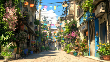 Vibrant Street Scene with Colorful Buildings and Lush Greenery