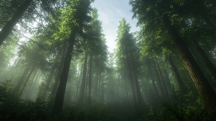 Misty Forest with Tall Pine Trees and Sunlight Filtering Through Green Canopy