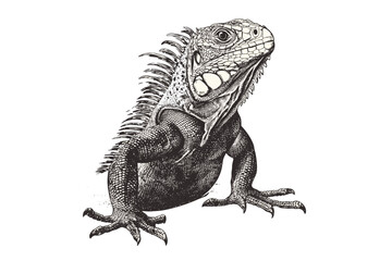 Vintage art of a black sketch iguana, trendy illustration, old engraving style, animal print design, white background, retro wildlife art, hand-drawn decor.