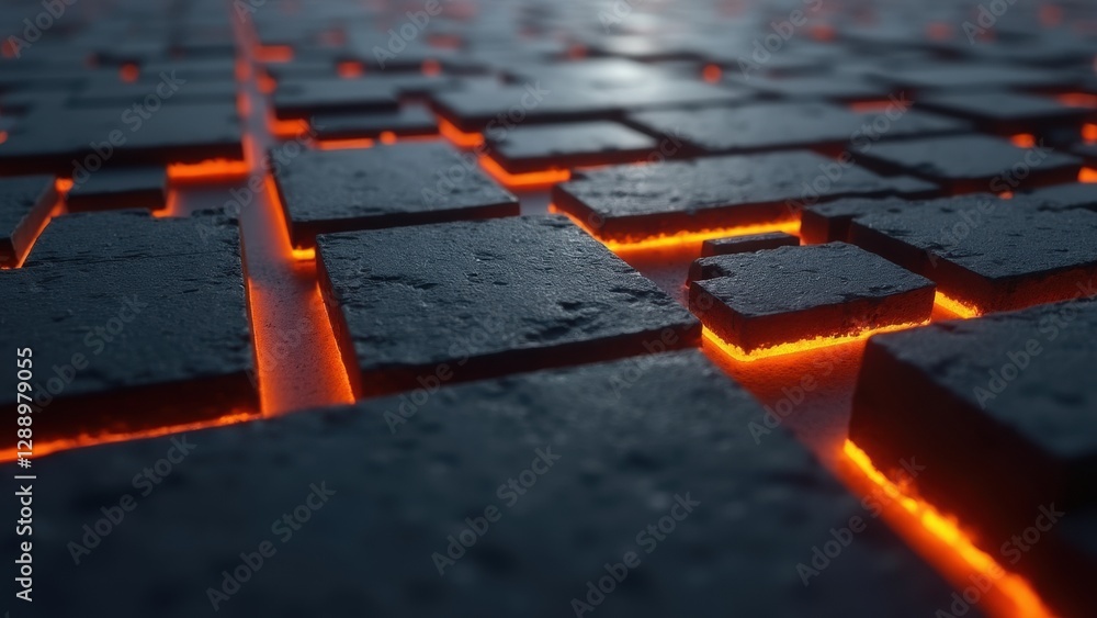 Poster dark grey squares illuminated by vibrant orange lines form an abstract design, creating a captivatin