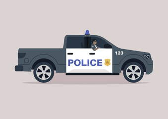 In a bustling urban environment, a police pickup truck with a uniformed officer stands ready to respond to any emergencie, their presence emphasizes commitment to safety © nadia_snopek