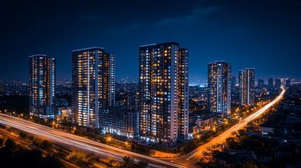Nighttime city view featuring multiple illuminated high-rise buildings and light trails