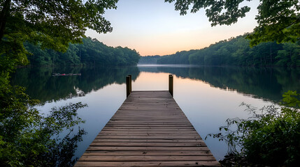 Serene Sunrise Over a Calm Lake with Wooden Dock