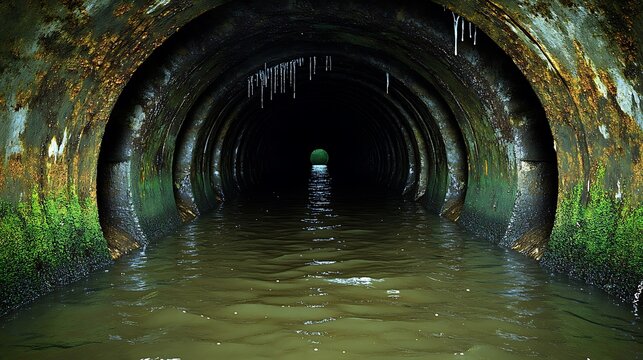 Dark sewer tunnel, water flows, moss, light