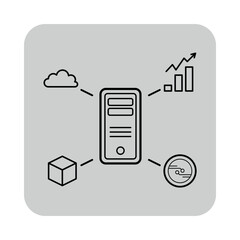 Various elements related to cryptocurrency and technology. Central device connected to cloud storage, growth metrics, and data systems, symbolizing integration