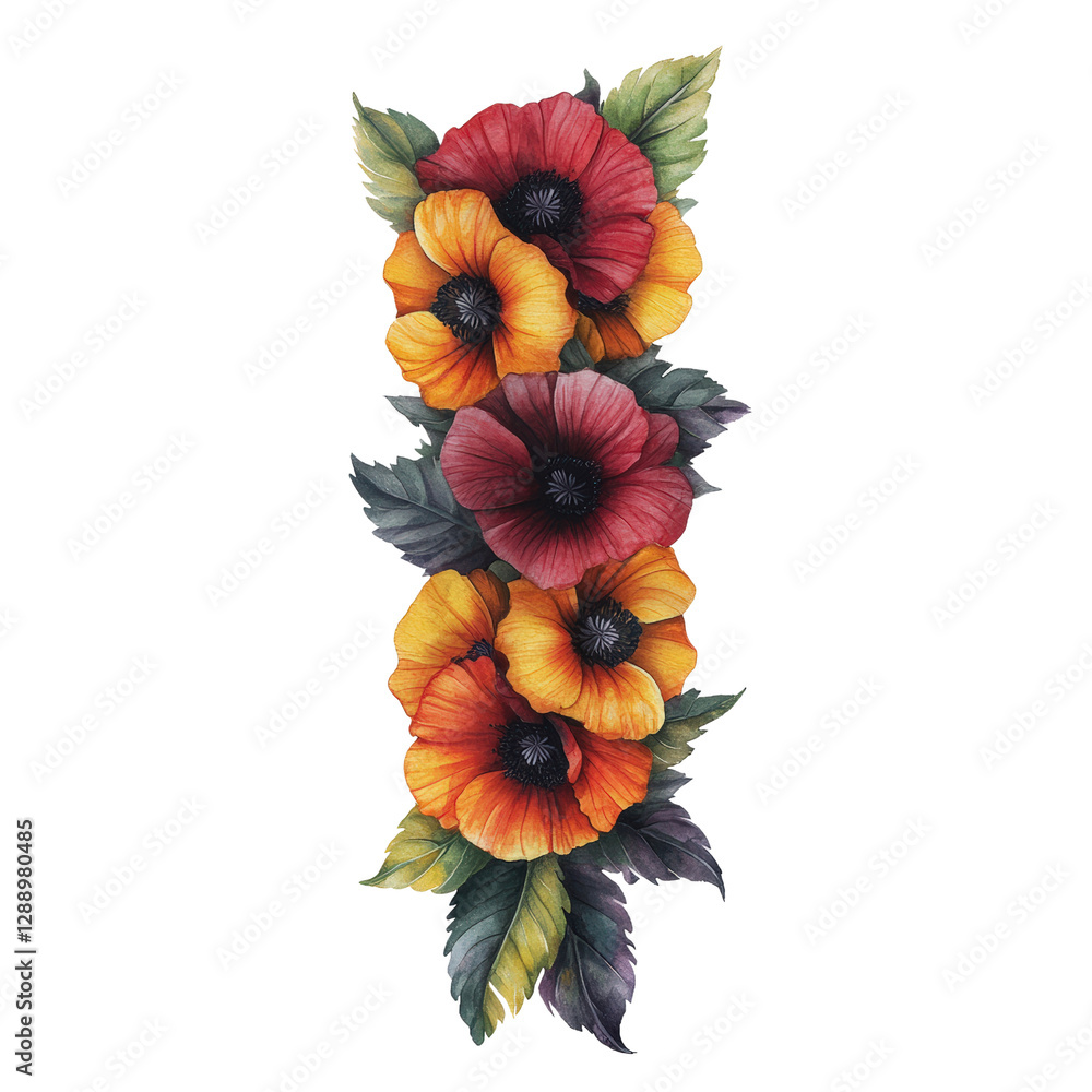 Poster bunch of colorful flowers with green leaves arranged in a natural setting on a bright background iso