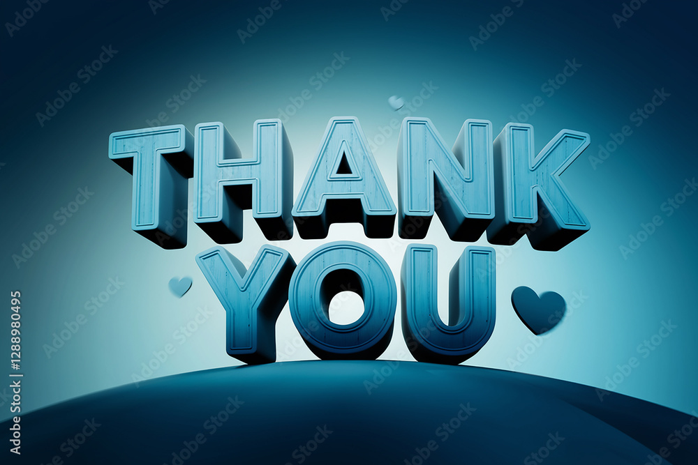 Poster a 3d rendered thank you text with realistic shadows and depth on a gradient abstract background, per