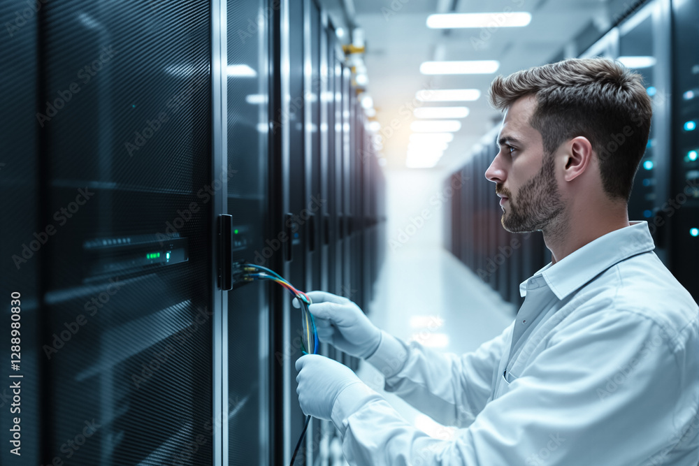 Poster technician works on network cables in a modern data center while surrounded by rows of server racks.