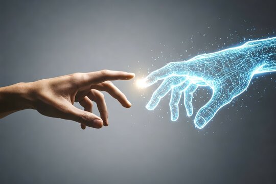 Digital Touch: A symbolic digital representation hand extends to touch a human hand, highlighting technology and human connection.