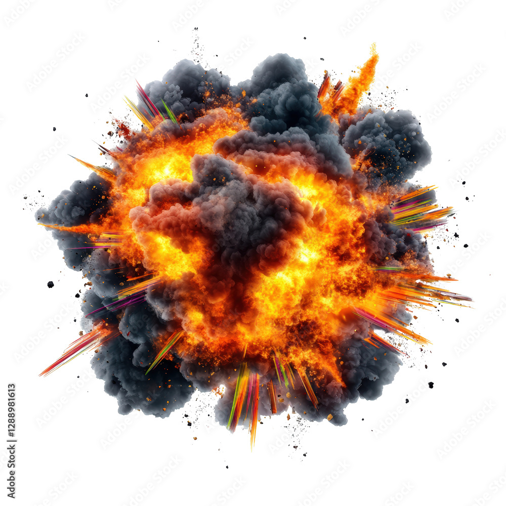 Poster bright fireball with multiple colored flames in a dynamic swirling pattern against a dark background