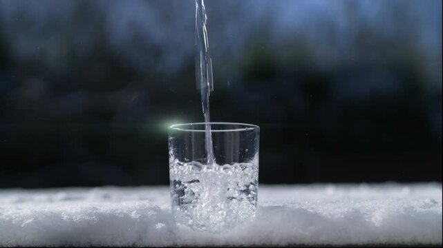 Pouring Water Into a Glass Slowmotion On Snowy Background