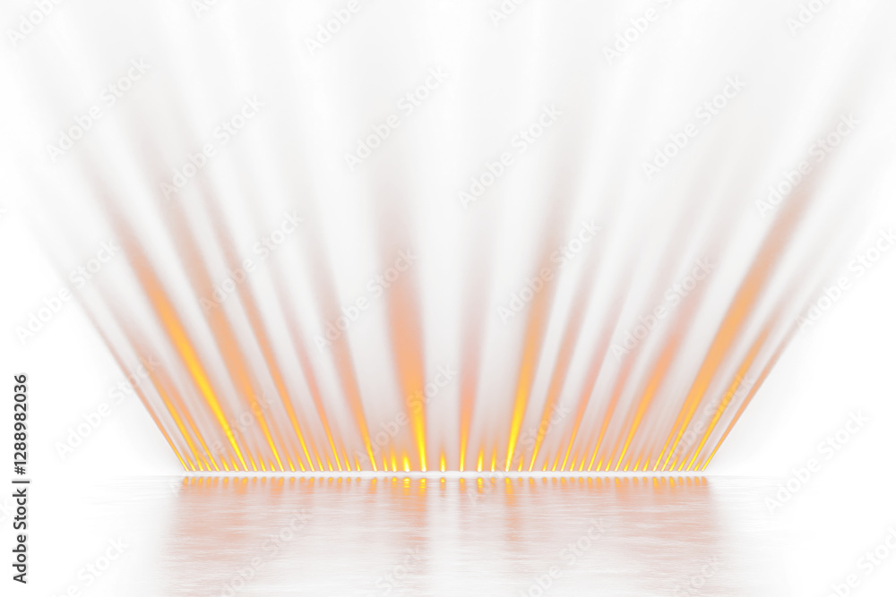 Poster abstract orange light rays radiating from a base, reflecting on a transparent surface.