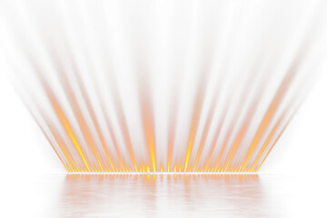 Abstract orange light rays radiating from a base, reflecting on a Transparent surface.