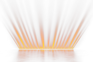 Abstract orange light rays radiating from a base, reflecting on a Transparent surface.