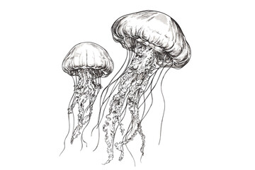 Jellyfish illustration, black sketch effect, animal print, vintage art, trendy illustration, hand-drawn jellyfish, white background, ocean creatures, aquatic animals. © Vintage Studio