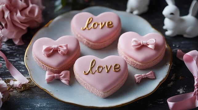 Fototapeta A close-up of a beautifully arranged plate featuring three artistic heart-shaped mousse cakes in soft pink hues, decorated with bows. Delicate golden "love" inscriptions and ceramic bunny figurines 